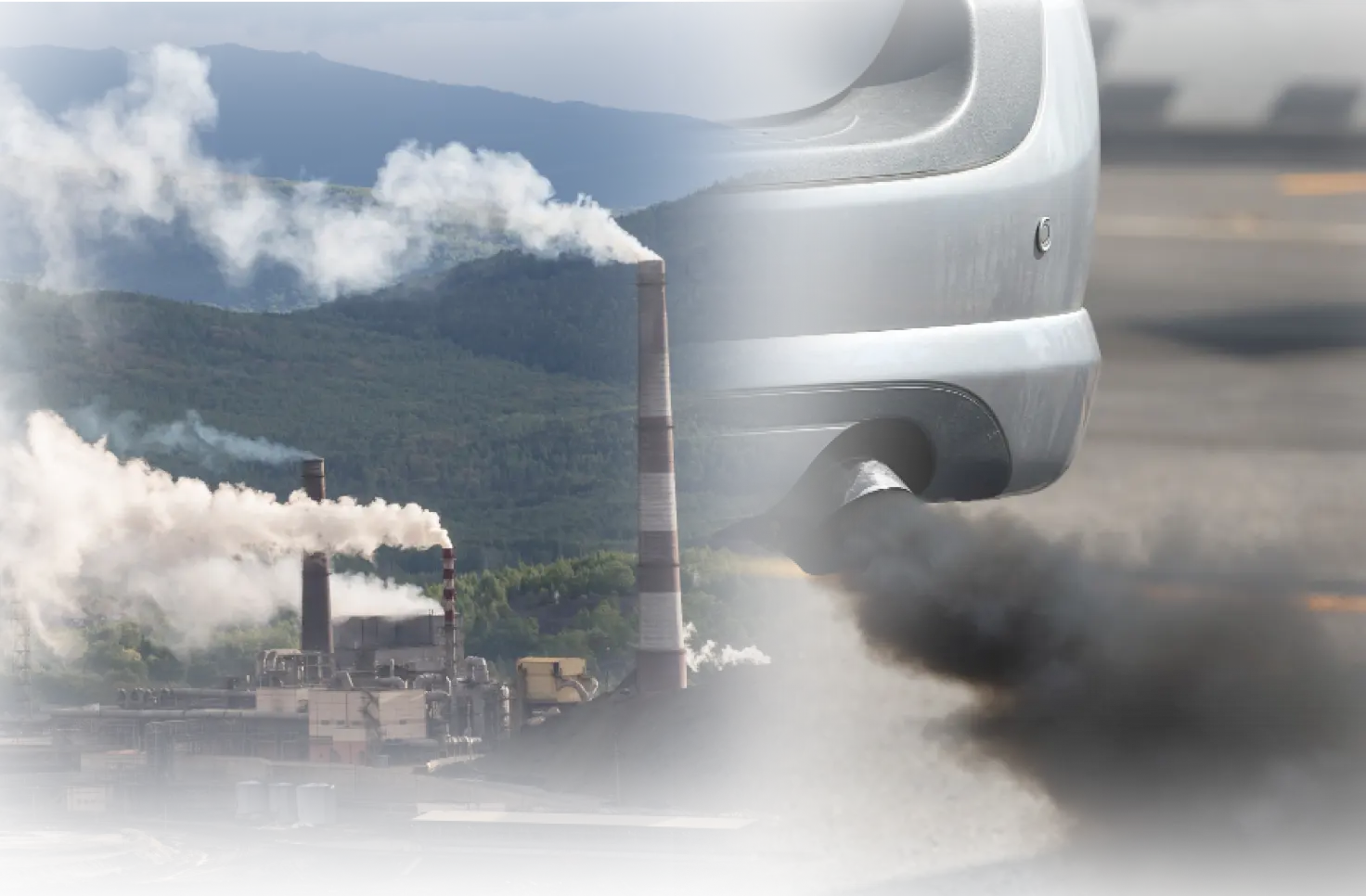 Gambar gabungan: Knalpot mobil mengeluarkan asap hitam tebal yang mengepul, tumpang tindih dengan gambar beberapa cerobong asap pabrik yang mengeluarkan asap putih di daerah berbukit. Ini melambangkan polusi yang disebabkan oleh industri dan kendaraan.