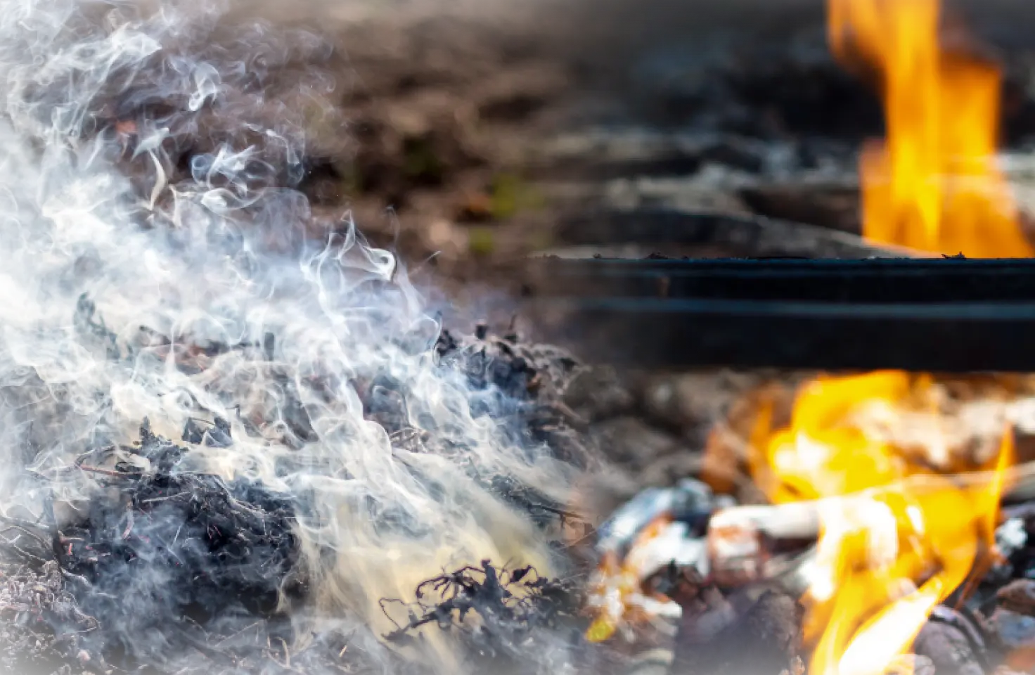 Gambar gabungan yang menunjukkan sumber polusi partikulat halus: asap putih tebal mengepul dari pembakaran sampah atau daun kering di sebelah kiri yang mengasilkan asap putih, dan api oranye terang dari kayu yang dibakar di sebelah kanan. Hasil pembakaran ini merupakan sumber polusi Partikulat Materi 2.5 (PM2.5).